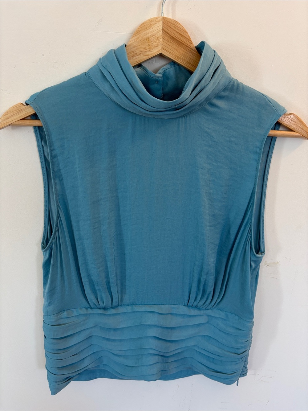 Sleeveless Silky Turtleneck Crop Top in Teal Blue